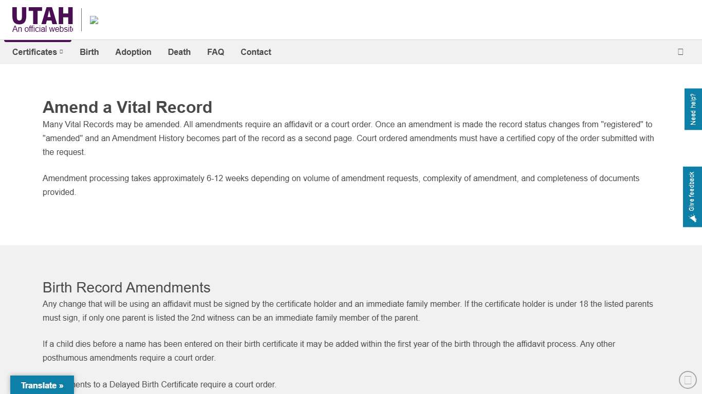 Amend a Vital Record | Utah Office of Vital Records and Statistics
